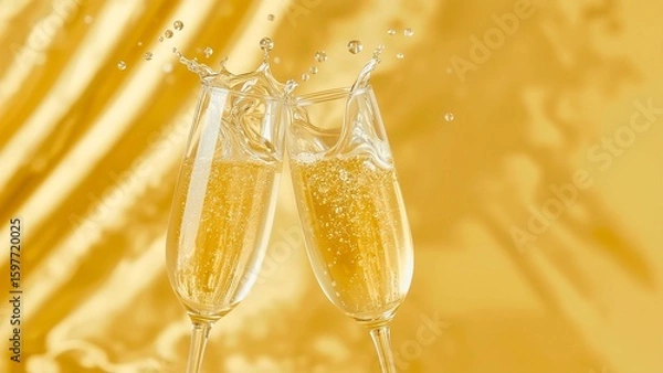 Fototapeta Two slender, delicately crafted champagne flutes, positioned at an angle, filled with effervescent, pale gold liquid, capturing a mesmerizing splash against a vibrant, metallic gold backdrop with subt