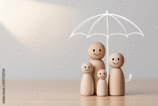Fototapeta Wooden peg doll family protected by a stylized white umbrella symbolizing safety security and insurance against life s uncertainties