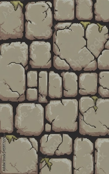 Fototapeta Old wall of gray stone blocks, overgrown with moss old dungeon, castle in pixel art style. Background with pixel seamless texture of an old stone wall