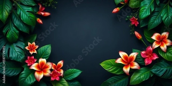 Fototapeta Vibrant tropical blooms & lush leaves create a whimsical frame on a dark, textured backdrop,  leaves,   illustration