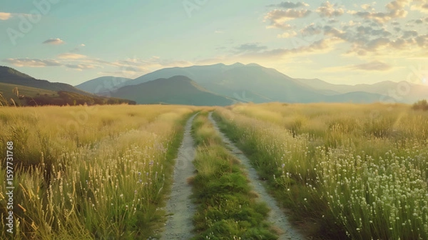 Fototapeta Road to Serenity: A sun-kissed trail meanders through a field of golden grass, drawing the eye towards majestic mountains under a bright, expansive sky.