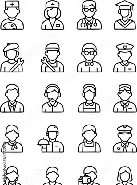 Fototapeta Profession people vector icon set showing various occupations like doctor, teacher, chef, engineer, police, and more. Great for resumes, websites, apps, and career infographics.

