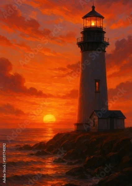 Obraz Lighthouse at sunset with ocean