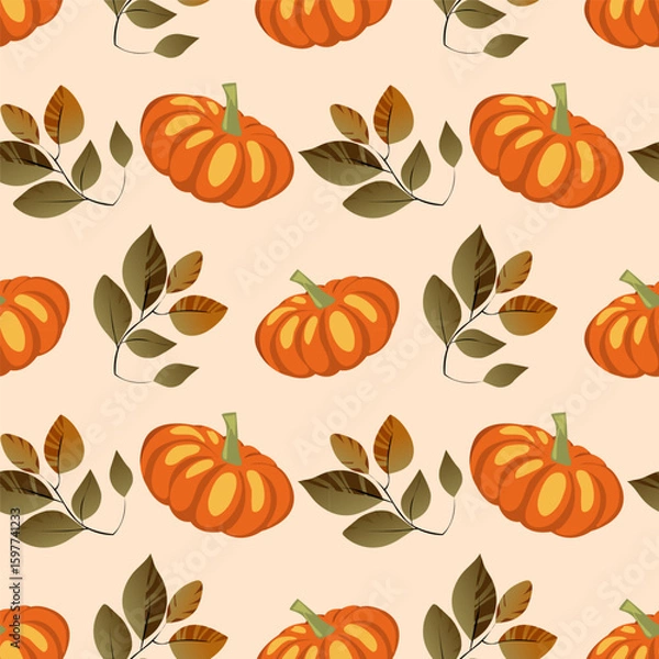 Fototapeta Bright orange pumpkins paired with green and brown leaves create a vibrant autumn pattern. This design captures the essence of fall, perfect for festive decorations and crafts.