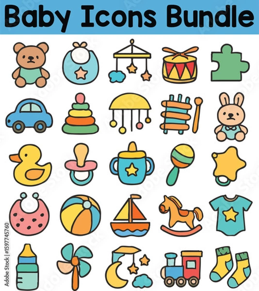 Fototapeta Set of Colorful baby icons. Doodle style icon vector bundle.eps