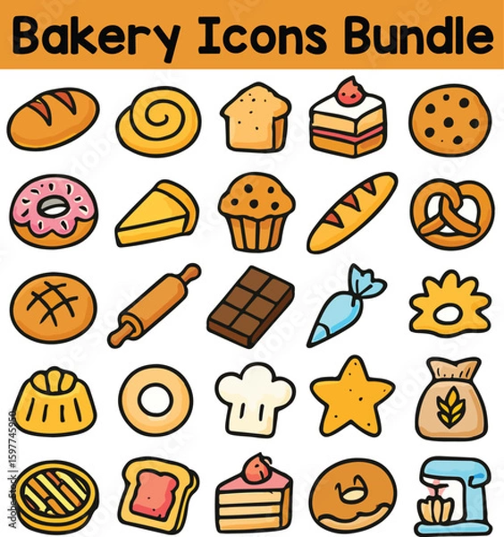 Fototapeta Set of Colorful bakery icons. Doodle style icon vector bundle.eps