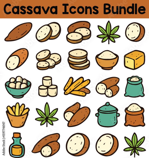 Fototapeta Set of Colorful cassava icons. Doodle style icon vector bundle.eps