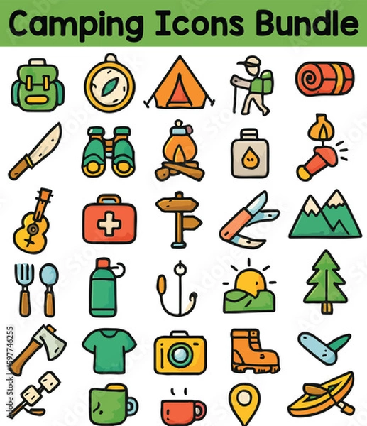 Fototapeta Set of Colorful camping icons. Doodle style icon vector bundle.eps