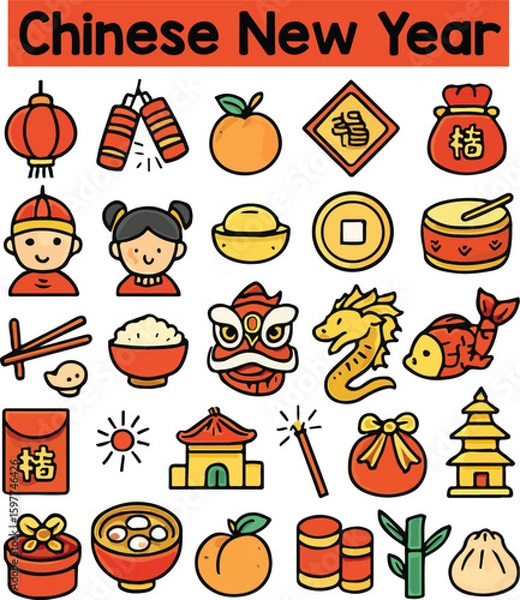 Fototapeta Set of Colorful chinese new year icons. Doodle style icon vector bundle.eps