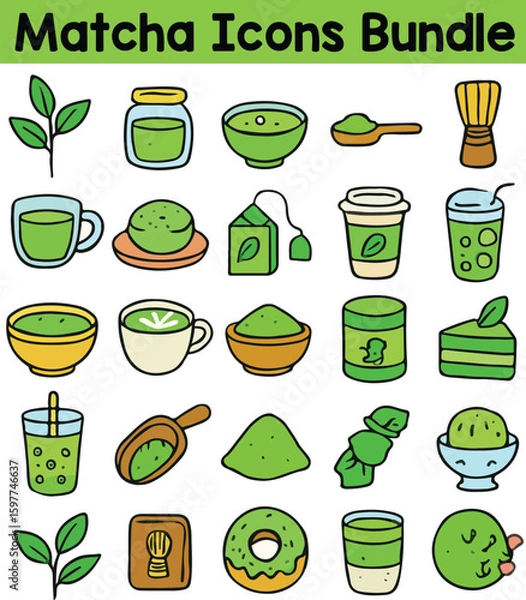 Fototapeta Set of Colorful matcha icons. Doodle style icon vector bundle.eps