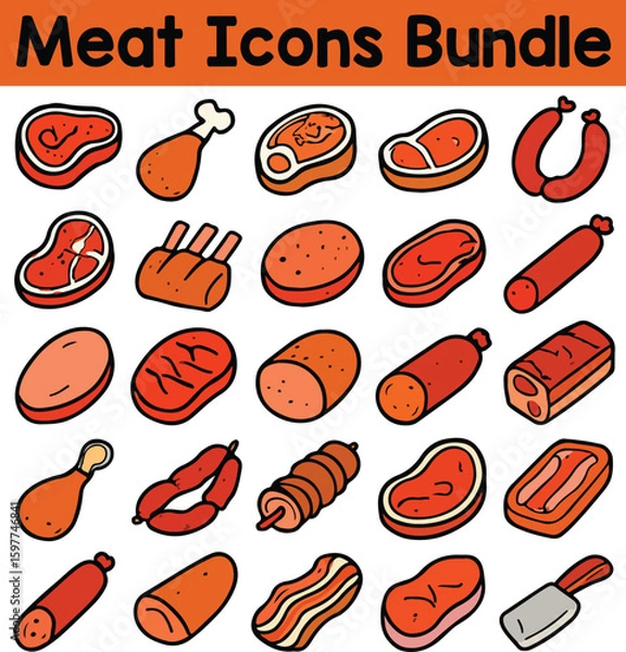 Fototapeta Set of Colorful meat icons. Doodle style icon vector bundle.eps