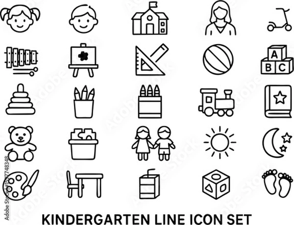 Fototapeta Kindergarten vector icon set featuring kids, toys, ABC, numbers, school supplies, learning tools, and activities. Ideal for preschool, daycare, and early education projects.

