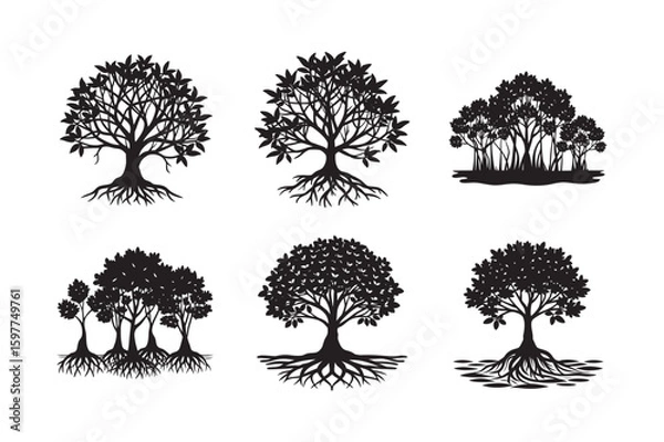 Fototapeta dense mangrove tree branches silhouette set bundle