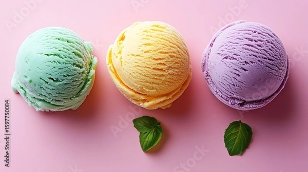 Obraz Vibrant Ice Cream Flavors Stacked in White Bowls Against a Pink Backdrop - Ideal for Food Blogs and Ice Cream Parlors