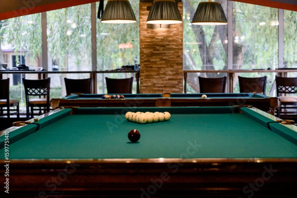 Fototapeta Billiard Table with balls and cue