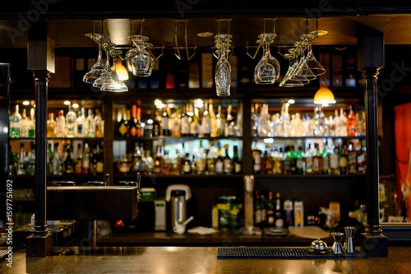 Fototapeta a bar counter with shelves filled with various bottles of alcohol and glasses hanging above it.