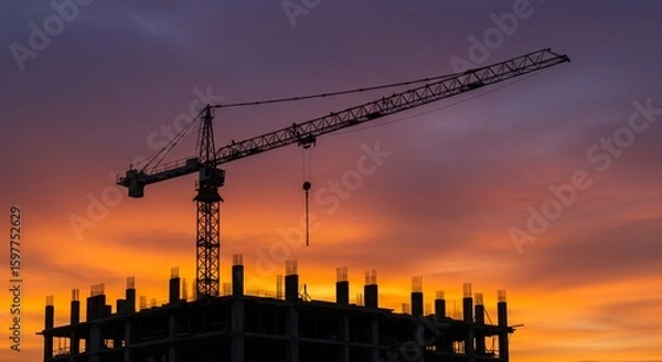 Obraz Construction crane silhouette sunset