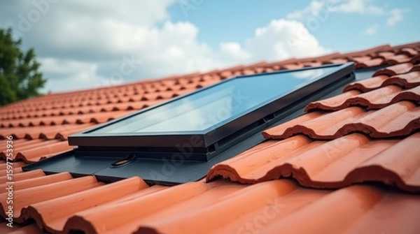 Fototapeta  detailed red roof tiles and a contrasting black skylight under a partly cloudy sky, with crisp daylight highlighting textures and architectural lines