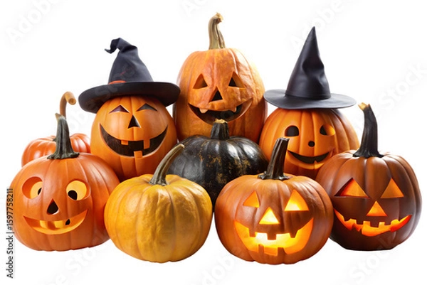 Fototapeta A group of carved halloween pumpkins with witch hats and glowing faces isolated on transparent background