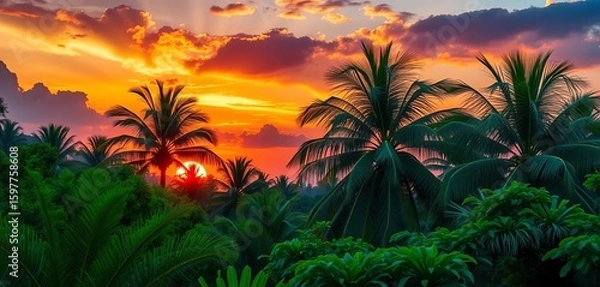 Fototapeta Vibrant sunset over lush tropical foliage, palm trees swaying gently,   graphic,  summer