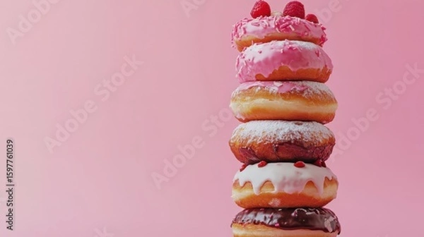 Fototapeta Chocolate glazed donut with colorful sprinkles floating on white background, no shadows, isolated cut-out