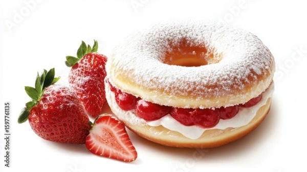 Fototapeta Chocolate glazed donut with colorful sprinkles floating on white background, no shadows, isolated cut-out