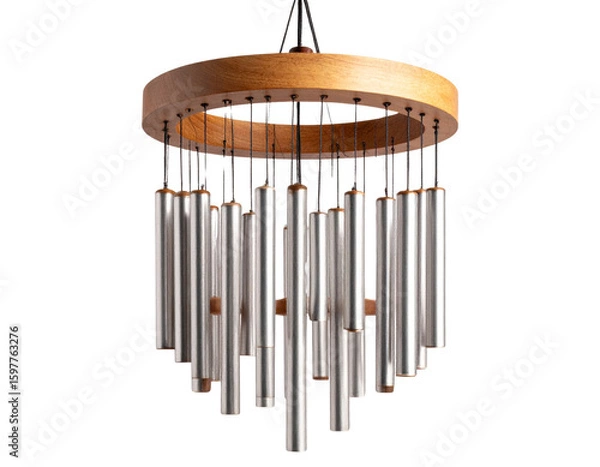 Fototapeta Hanging indoor wind chime with wooden and metal elements, isolated on a transparent background