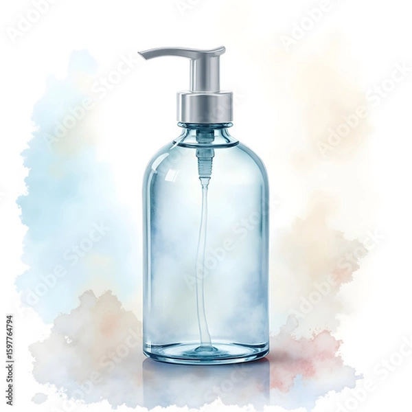 Obraz Clear glass pump bottle with blue liquid against a soft watercolor background