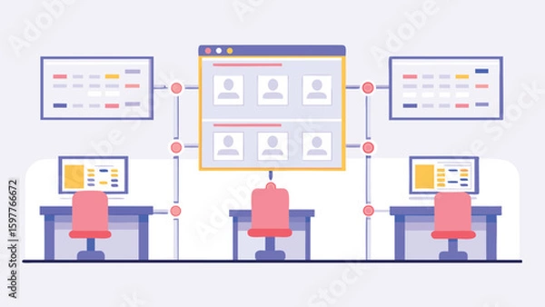 Fototapeta Illustration showing a network of interconnected workstations and a central interface display