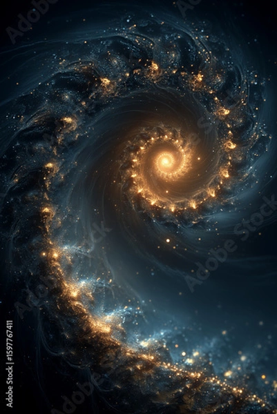 Fototapeta A digital abstract composition showing a radiant Fibonacci spiral glowing in space, surrounded by ethereal light trails and cosmic textures. 