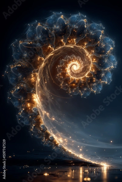 Fototapeta A digital abstract composition showing a radiant Fibonacci spiral glowing in space, surrounded by ethereal light trails and cosmic textures. 