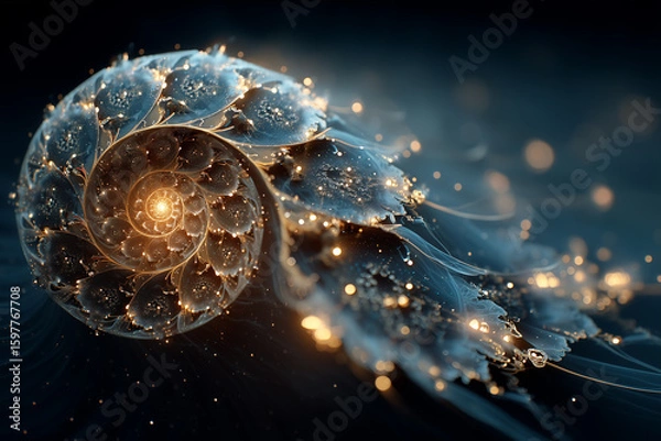 Fototapeta A digital abstract composition showing a radiant Fibonacci spiral glowing in space, surrounded by ethereal light trails and cosmic textures. 