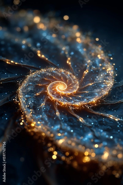 Fototapeta A digital abstract composition showing a radiant Fibonacci spiral glowing in space, surrounded by ethereal light trails and cosmic textures. 