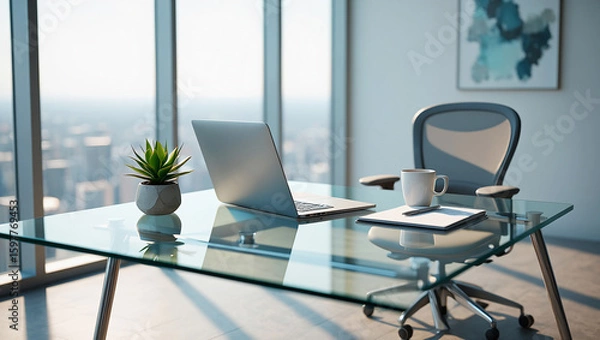 Obraz modern office desk, workspace setup, laptop on table, home office design, minimalist workspace, office interior, contemporary desk setup, clean office space, work from home, remote work setup, stylish