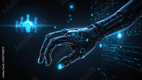 Obraz Robotic hand interacting with glowing digital data network