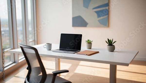Obraz modern office desk, workspace setup, laptop on table, home office design, minimalist workspace, office interior, contemporary desk setup, clean office space, work from home, remote work setup, stylish