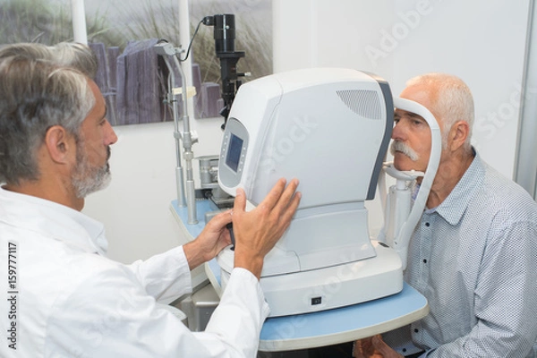 Fototapeta optometrist doing sight testing for patient in clinic