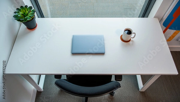 Obraz modern office desk, workspace setup, laptop on table, home office design, minimalist workspace, office interior, contemporary desk setup, clean office space, work from home, remote work setup, stylish