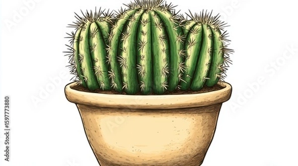 Fototapeta Isolated green cactus in a terracotta pot with no background, clean and sharp edges, perfect for design cutouts