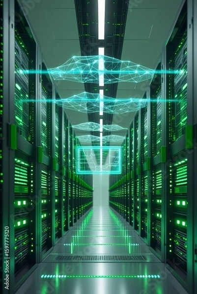Fototapeta Data center interior with rows of servers glowing green status lights and digital network overlays in clean futuristic environment