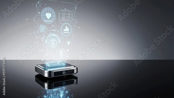 Fototapeta Smart wearable AI device with holographic health monitoring display floating above black polished surface in minimalistic futuristic setting