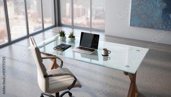 Obraz modern office desk, workspace setup, laptop on table, home office design, minimalist workspace, office interior, contemporary desk setup, clean office space, work from home, remote work setup, stylish