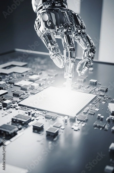 Fototapeta Autonomous AI-powered robotic arm precisely assembling microchips on factory floor under intense cool white lighting with metal surface reflections