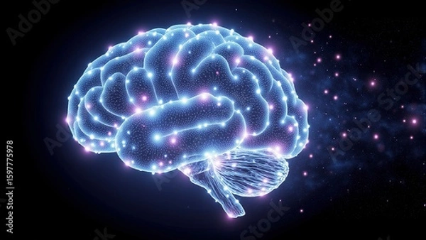 Fototapeta Digital brain graphic with glowing synapses and neural network connections radiating electric blue and violet light on black background