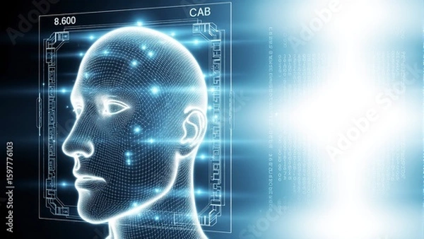 Fototapeta AI-powered facial recognition system displaying real-time biometric data and scanning grids on transparent screen