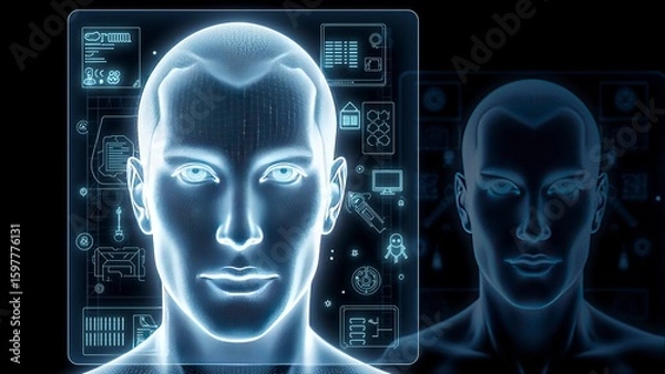 Fototapeta AI-powered facial recognition system displaying real-time biometric data and scanning grids on transparent screen