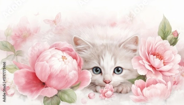 Fototapeta Adorable fluffy kitten with bright blue eyes peeks from behind large pink peonies. Butterflies flutter around soft pastel scene. Gentle illustration style, perfect for greeting cards, baby products,
