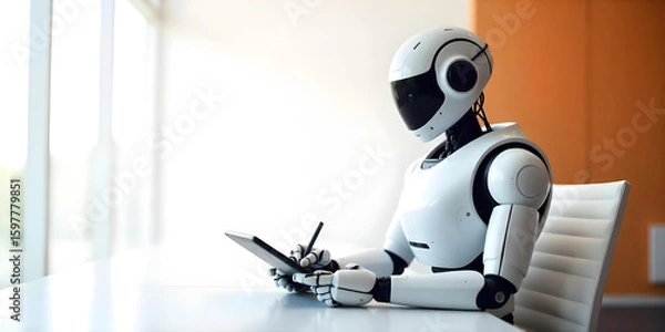 Fototapeta robot working in corporate office doing desk job on laptop, tablet office work concept