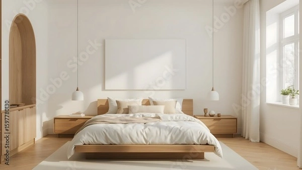 Fototapeta Serene Minimalist Bedroom:  Light Wood Platform Bed, Blank Canvas, Natural Light, and Modern Design.