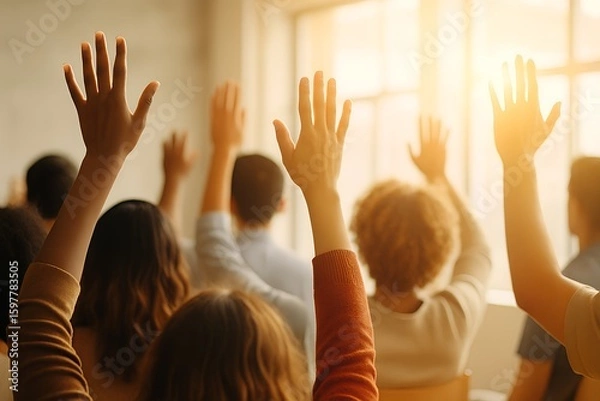 Fototapeta Diverse group raises hands in a bright room, showing participation and engagement in a meeting or classroom setting.